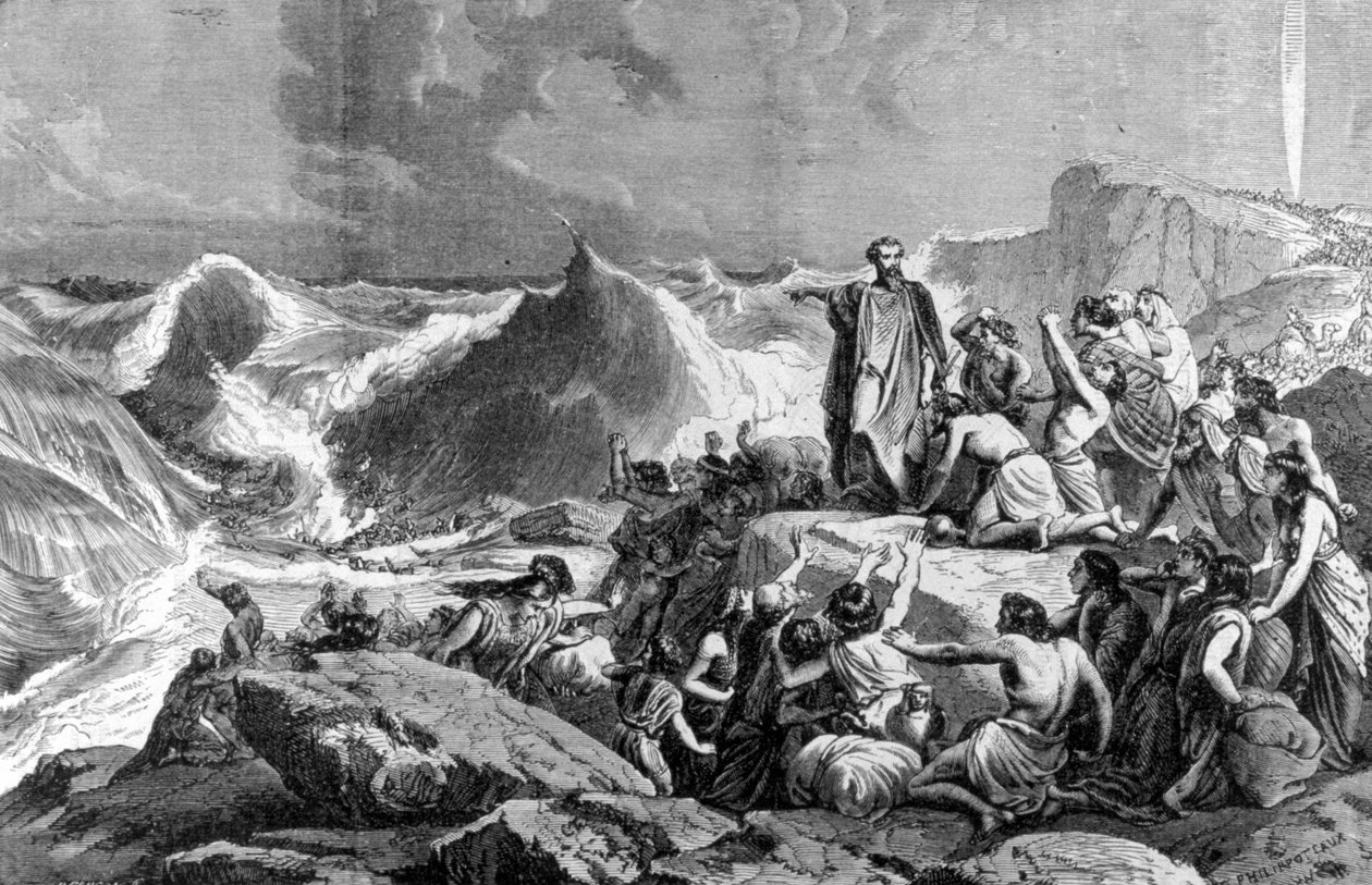 O Faraó submerso no Mar Vermelho. Gravura do século XIX. de Unknown artist