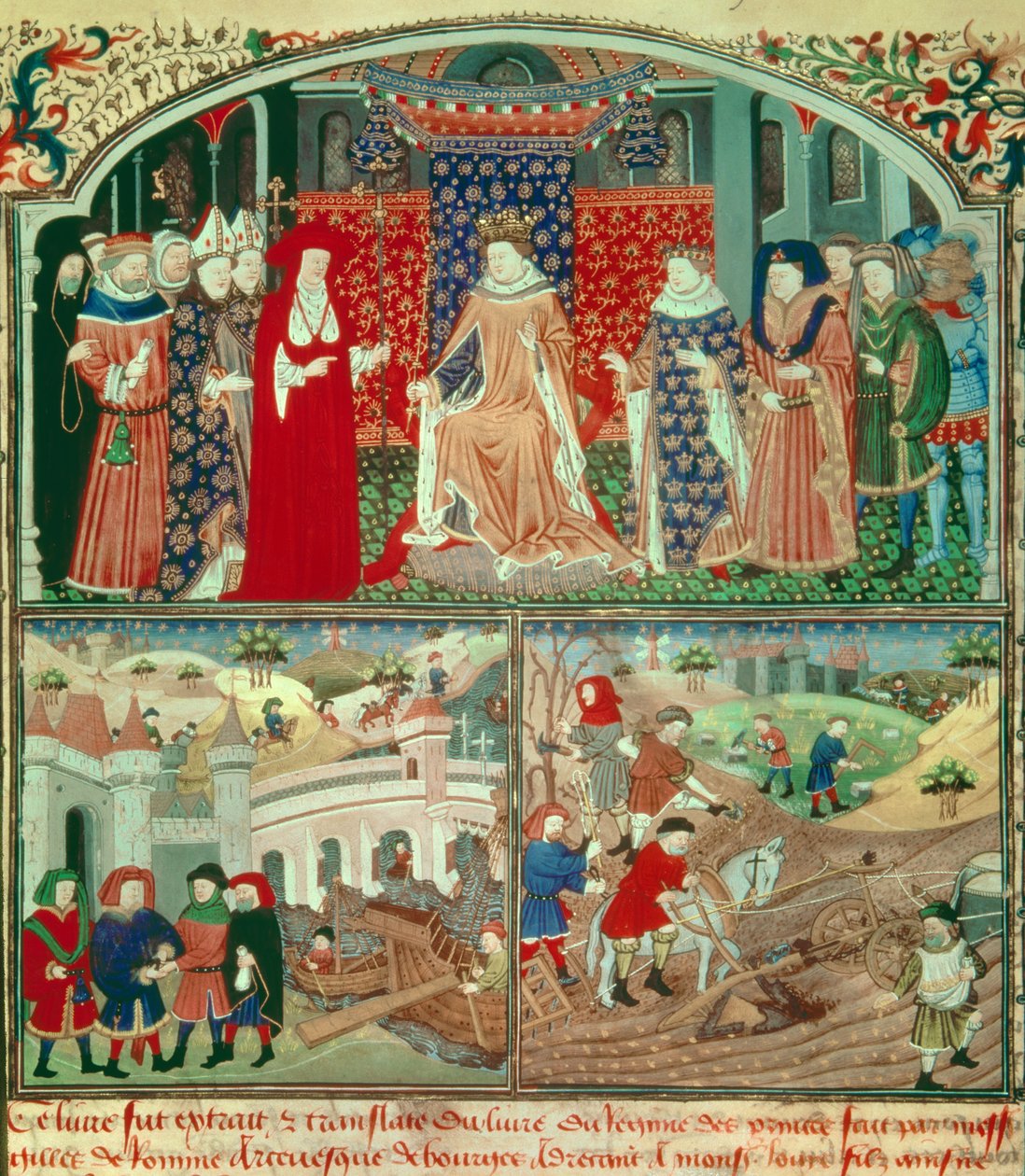 Philippe o Bel trunant (1268-1314) com cena de arado e cena mercantil. Miniatura em "Livre du régime des princes" de Gilles de Rome (v.1247-1316), Paris, B N de Unknown artist