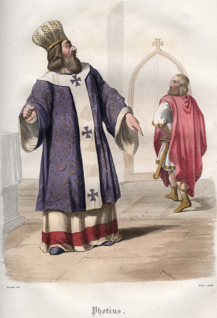 Fótios I (Fótios, Fotios) (810-893), Patriarca de Constantinopla, expulsando o Imperador Bizantino Basílio I o macedônio (813-886) da igreja após o assassinato do Imperador Miguel III em 867. de Unknown artist