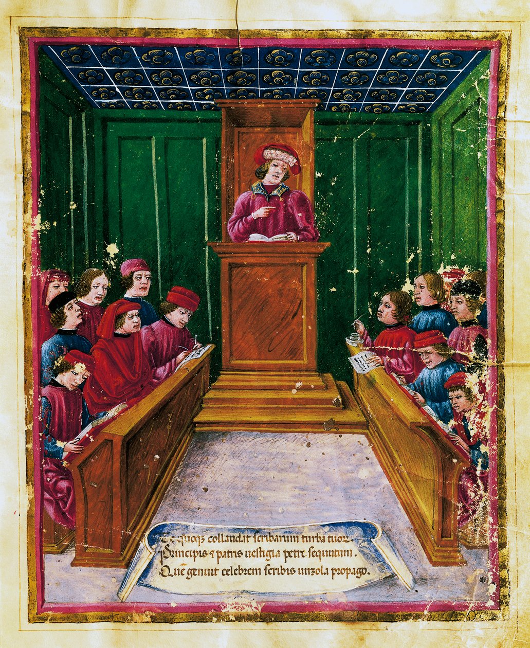 Pietro da Unzola leccionando a partir de texto legal aos alunos durante a aula de Direito na Universidade de Bolonha, Miniatura do manuscrito Liber iurium et privilegiorum notariorum Bononiae, Itália de Unknown artist