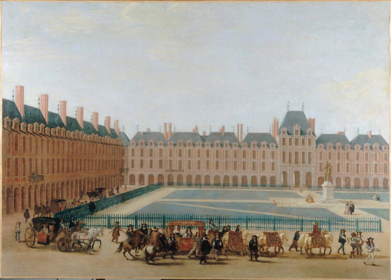 Place Royale, cerca de 1660; passagem da carruagem do Rei. Atual Place des Vosges, 4º arrondissement, cerca de 1655 -1665 (óleo sobre tela) de Unknown artist
