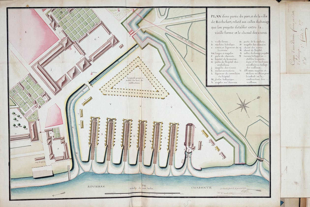 Plano de parte do porto e da cidade de Rochefort relacionado com as pistas de encalhe propostas entre a forma antiga e o canal alimentar de Unknown artist