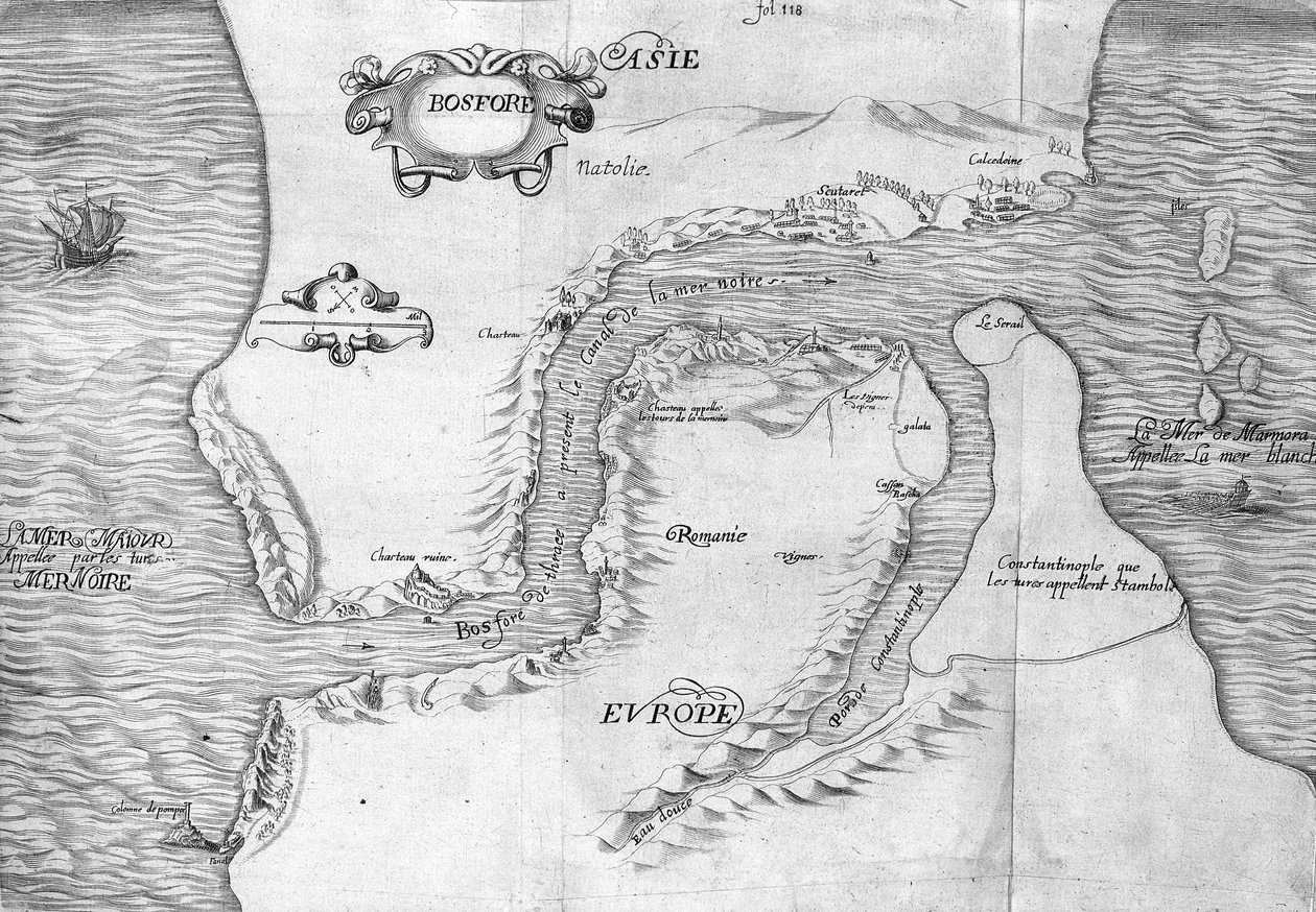 Plano mostrando o Estreito de Constantinopla (hoje Estreito de Bósforo (Bosporos) - em "Voyage de levant made by the command of the king in the year 1621", editado em 1629 (sob o reinado de Luís XIII Le Juste) de Unknown artist
