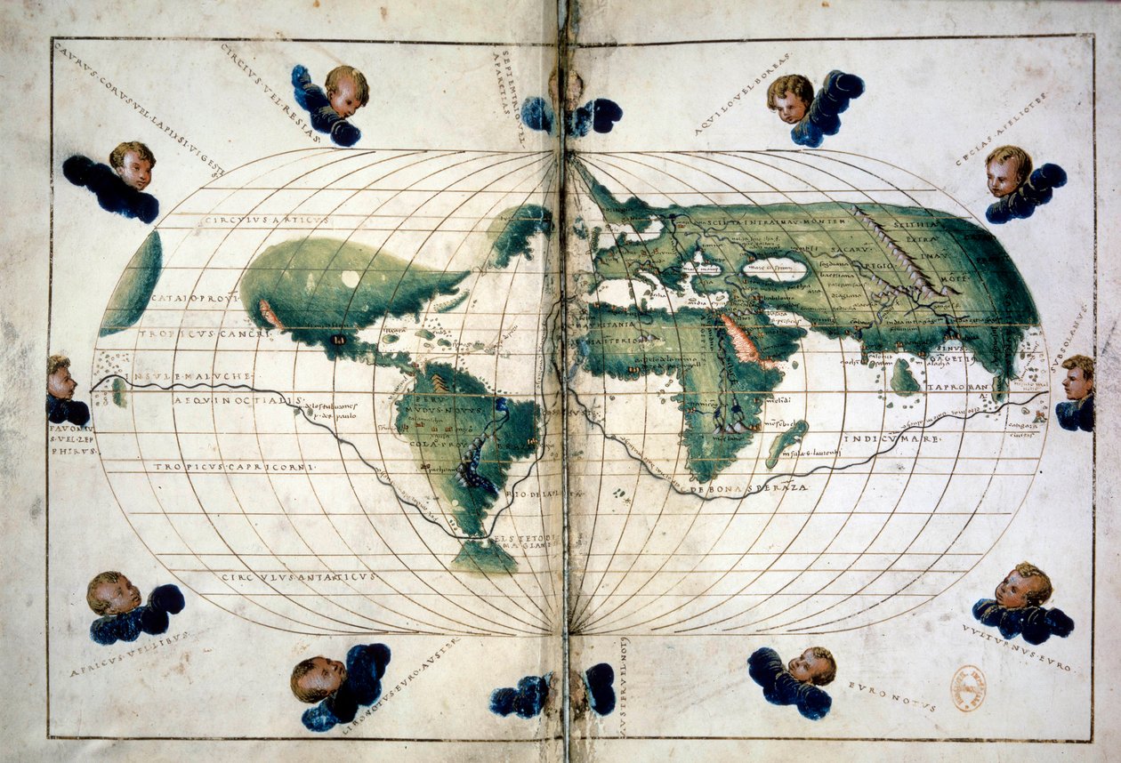 Planisfera (ou mapa do mundo). Gráfico geográfico do Atlas de Battista Agnese (1500-1564), cerca de 1543. Paris, B.N. de Unknown artist