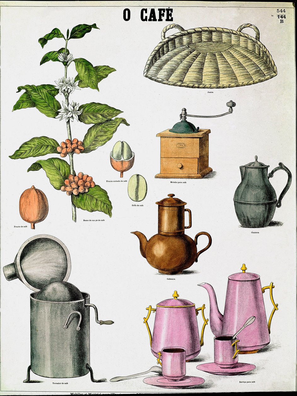 Placa ilustrando as diferentes etapas da produção de café, ramo de café, moinho e diferentes cafeteiras. Gravura da Colecção Privada do século XIX de Unknown artist
