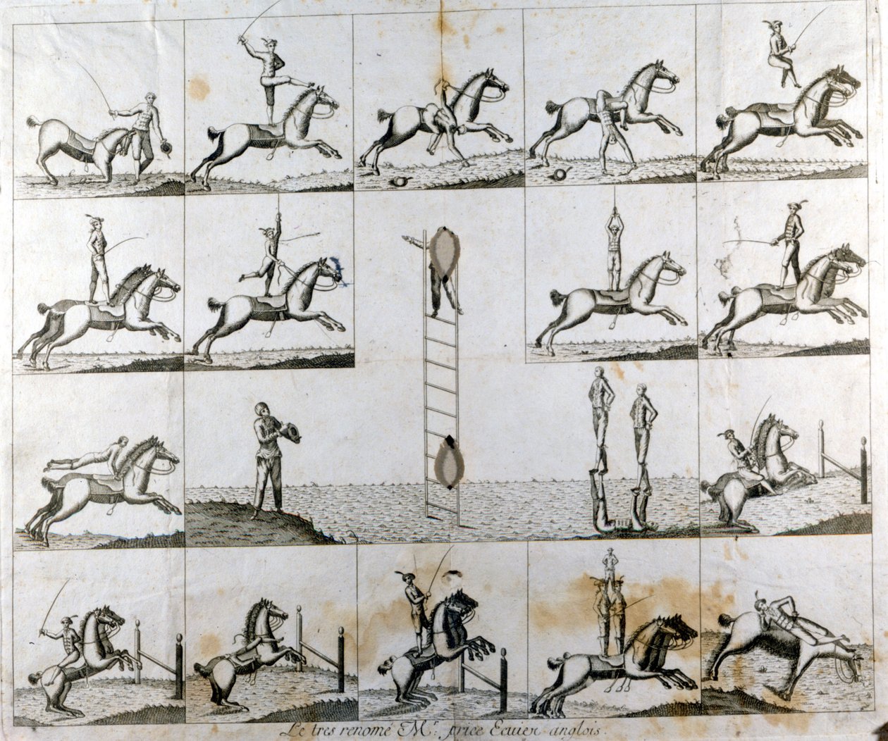 Placa com 19 gravuras retratando as proezas do voltiger inglês Sr. Price. 1790 aproximadamente. de Unknown artist
