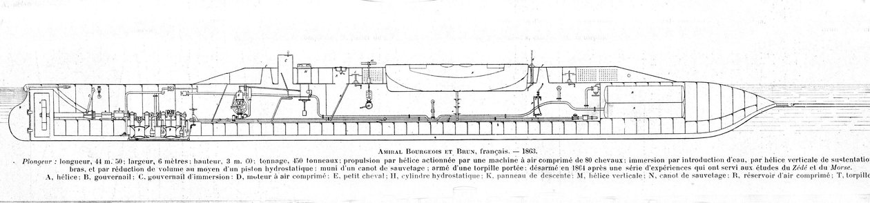 Placa representando o submarino francês (submarino) Bourgeois e brown de Unknown artist