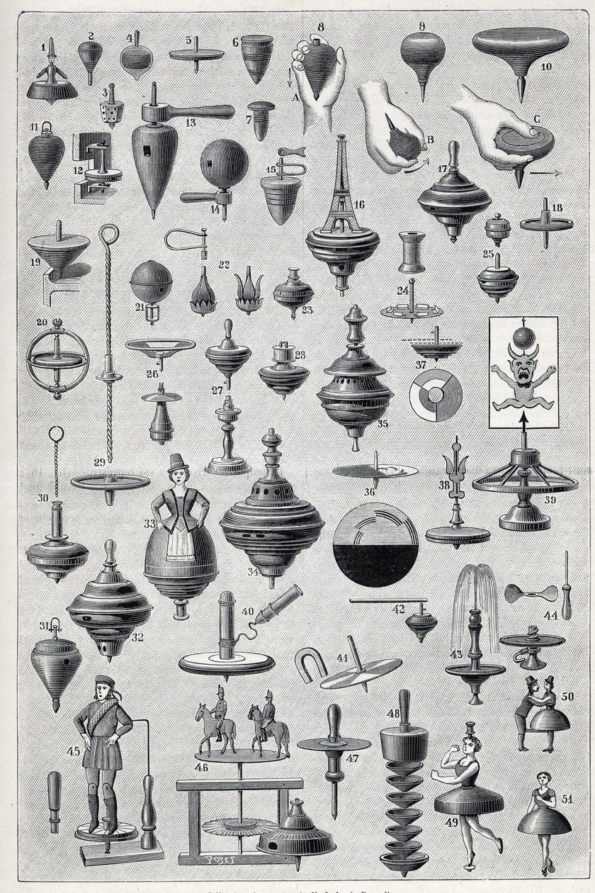Placa mostrando uma coleção de gira-discos com diferentes formas e sistema de rotação. Gravura em "La Nature". de Unknown artist