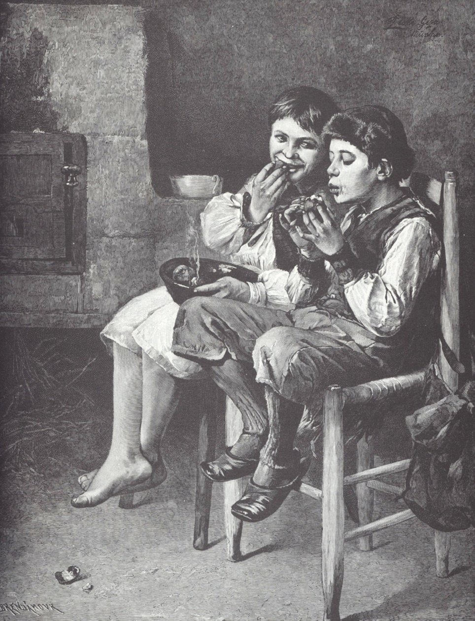 Pobres rapazes a comer, finais do século XIX (gravura em madeira) de Unknown artist