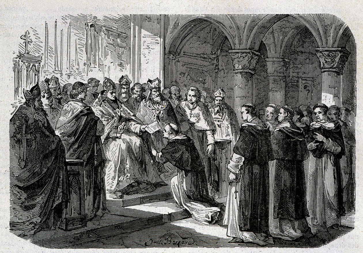 O Papa Adrien II (792-872) entregou a um de seus legados uma bolha de excomunhão contra o Senhor Normand. Gravura - em "History of the Popes", sd. Século XIX. de Unknown artist