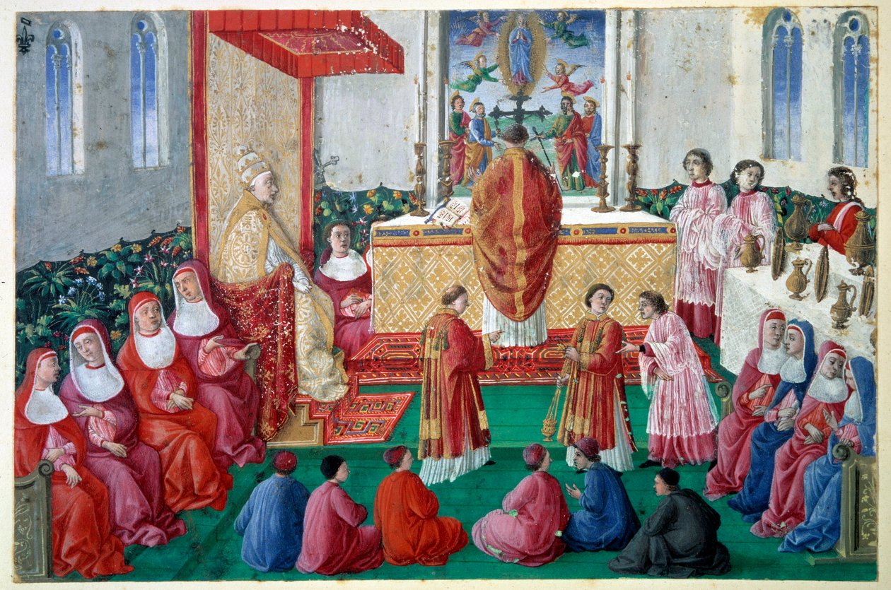O Papa Sisto IV (1414-1484) assiste à Missa na Capela Sistina, no decúbito miniatura do Vaticano do século XV. Sol 0,1x0,16 m Chantilly, musee Conde de Unknown artist