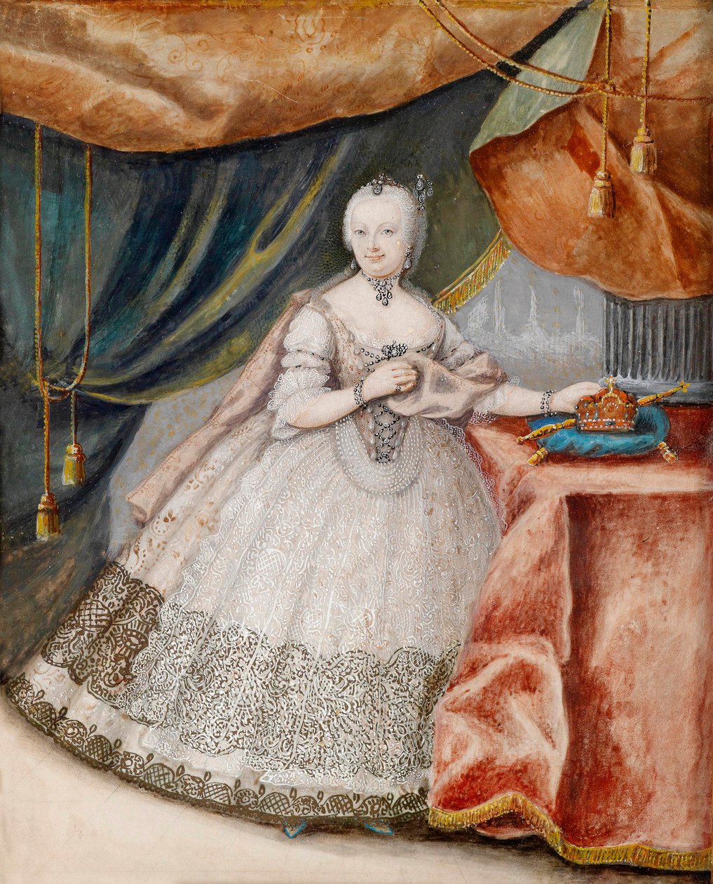 Retrato da Imperatriz Marie Therese da Áustria (1717-1780) num vestido de renda comprida. Trabalho anónimo, aguarela sobre pergaminho, ca. 1740. arte austríaca de Unknown artist