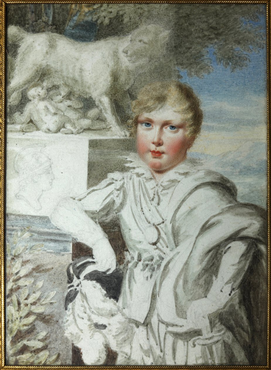 "" Retrato do príncipe Napoleão François Bonaparte (1811-1832) quando criança"" Retrato do rei de Roma Napoleão II, duque de Reichstadt (1811-1832) filho do imperador Napoleão I (1769-1821) - aquarela anônima por volta de 1820 coleção Podstanitsky de Unknown artist