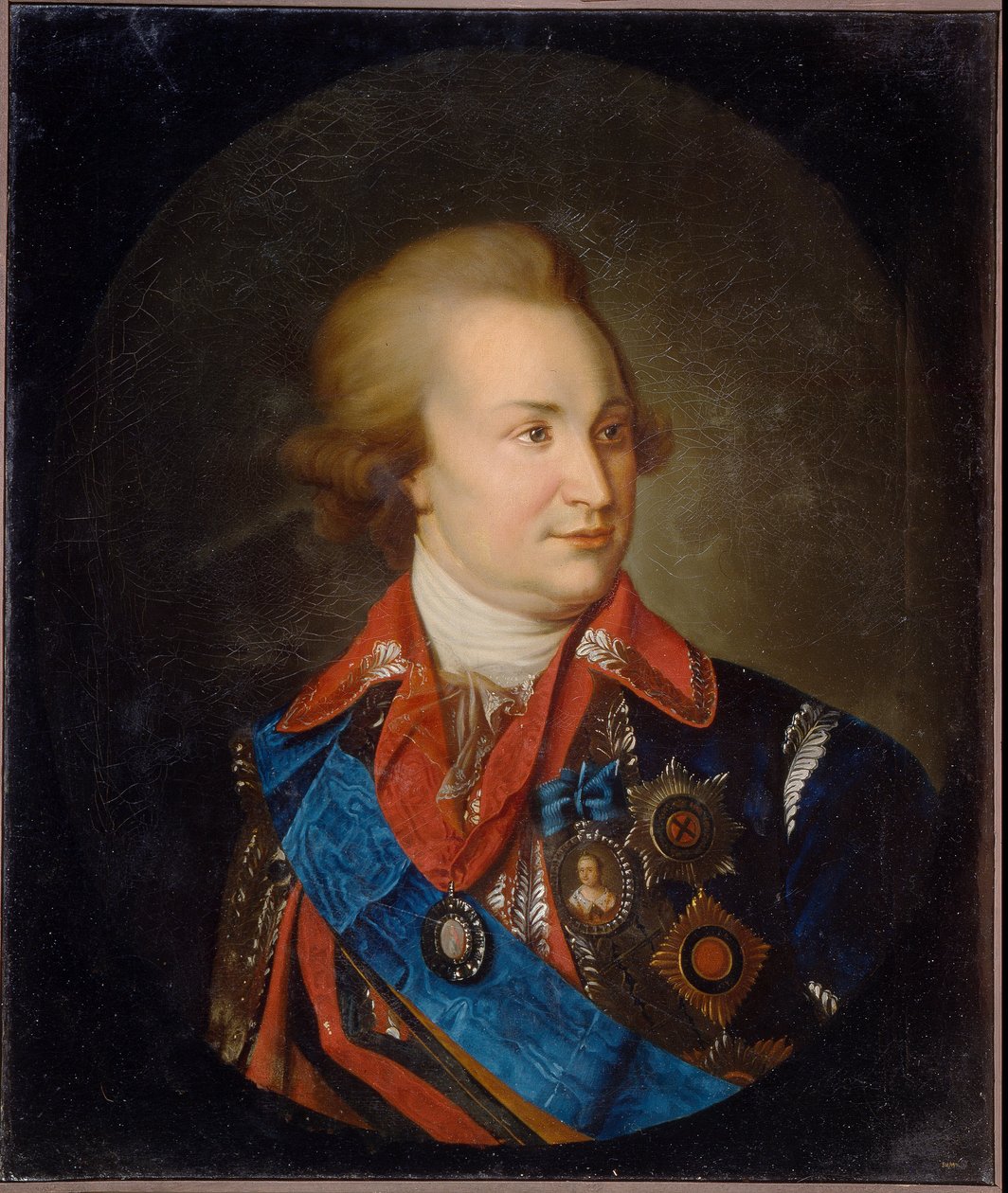 Retrato do Príncipe de Tauris, general marechal e estadista, Grigori Aleksandrovich Potemkin (ou Potiomkin) (1739-1791). (Retrato do Príncipe Tauris, General de Campo Marechal, Estadista G. A. Potyomkin). O favorito da czarina Catarina II (1729-1796). Educ de Unknown artist