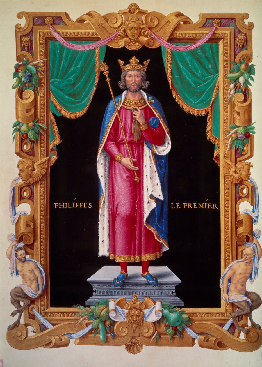 Retrato no pé do Rei da França Filipe I (1052-1108). Miniatura em "Recueil des rois de france" de Jean du Tillet de Unknown artist