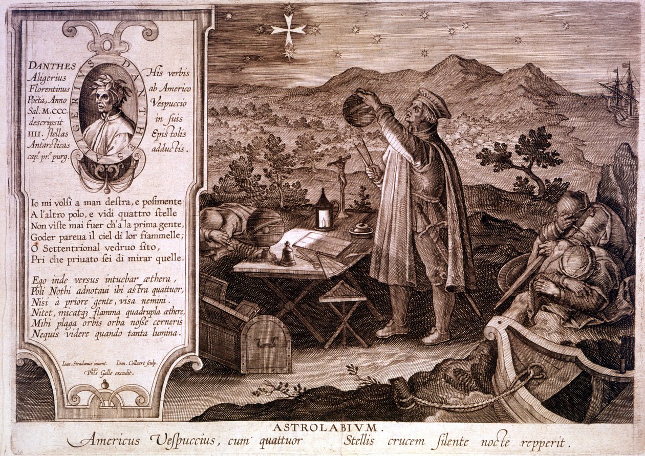 Retrato de Amerigo Vespucci (1454 - 1512), navegador italiano, representado enquanto usava um astrolábio. Numa caixa à esquerda está um retrato de Dante Alighieri, assim como uma passagem da primeira canção do Purgatório da Divina Comédia. Gravura do 18º c de Unknown artist
