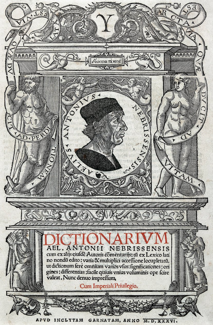 Retrato de Antonio Martinez de Cala disse Antonio de Nebrija (1441-1522) humanista e gramático espanhol. Guardpage de seu dicionário, publicado em 1536. Biblioteca Nacional de Madrid. de Unknown artist
