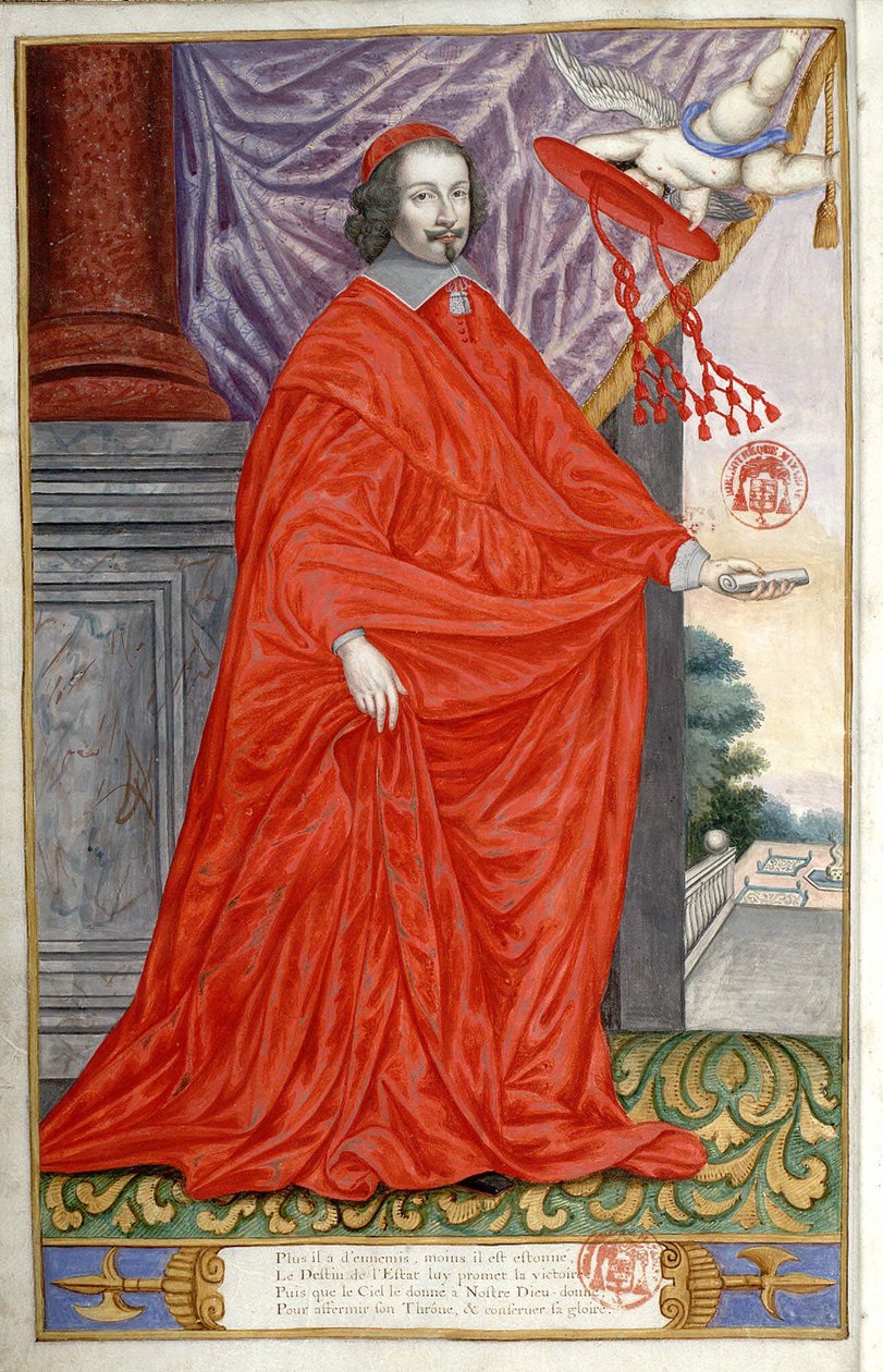 Retrato do Cardeal Jules Mazarin (Giulio Raimondo Mazzarino ou Mazarino) (1602-1661). Retrato pintado em velino em Jean Puget de La Serre, Panegírico dos ilustres homens do nosso tempo. 1655 de Unknown artist