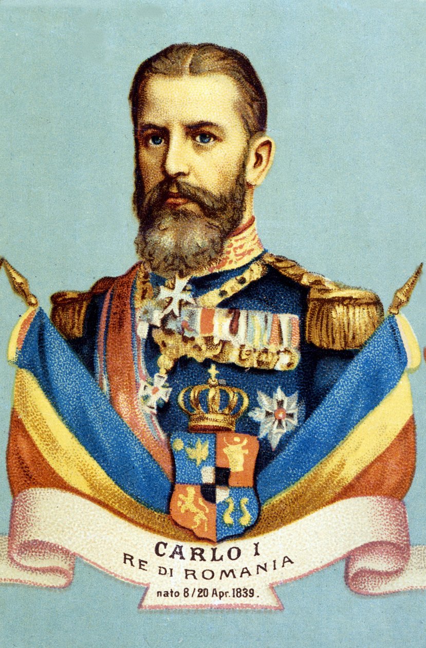 Retrato de Carlos I (Carol I) (1839-1914), Rei da Roménia. Cromolitografia do século XIX de Unknown artist