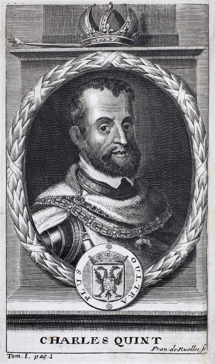 Retrato de Carlos V (1500-1558), Rei de Espanha e da América espanhola, Rei da Sicília e Imperador do Sacro Império Romano Germânico (1519-1556). Gravura para ilustrar a "História da Guerra da Flandres", de Flamianus Strada, edição Joseph T