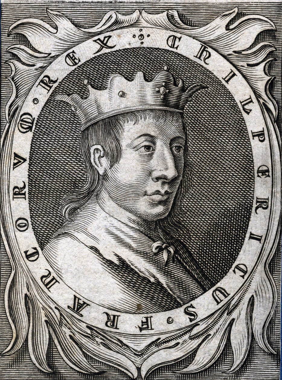 Retrato de Chilperic II (v. 670 - 721), Rei da Neústria. Gravura do século XVIII. de Unknown artist