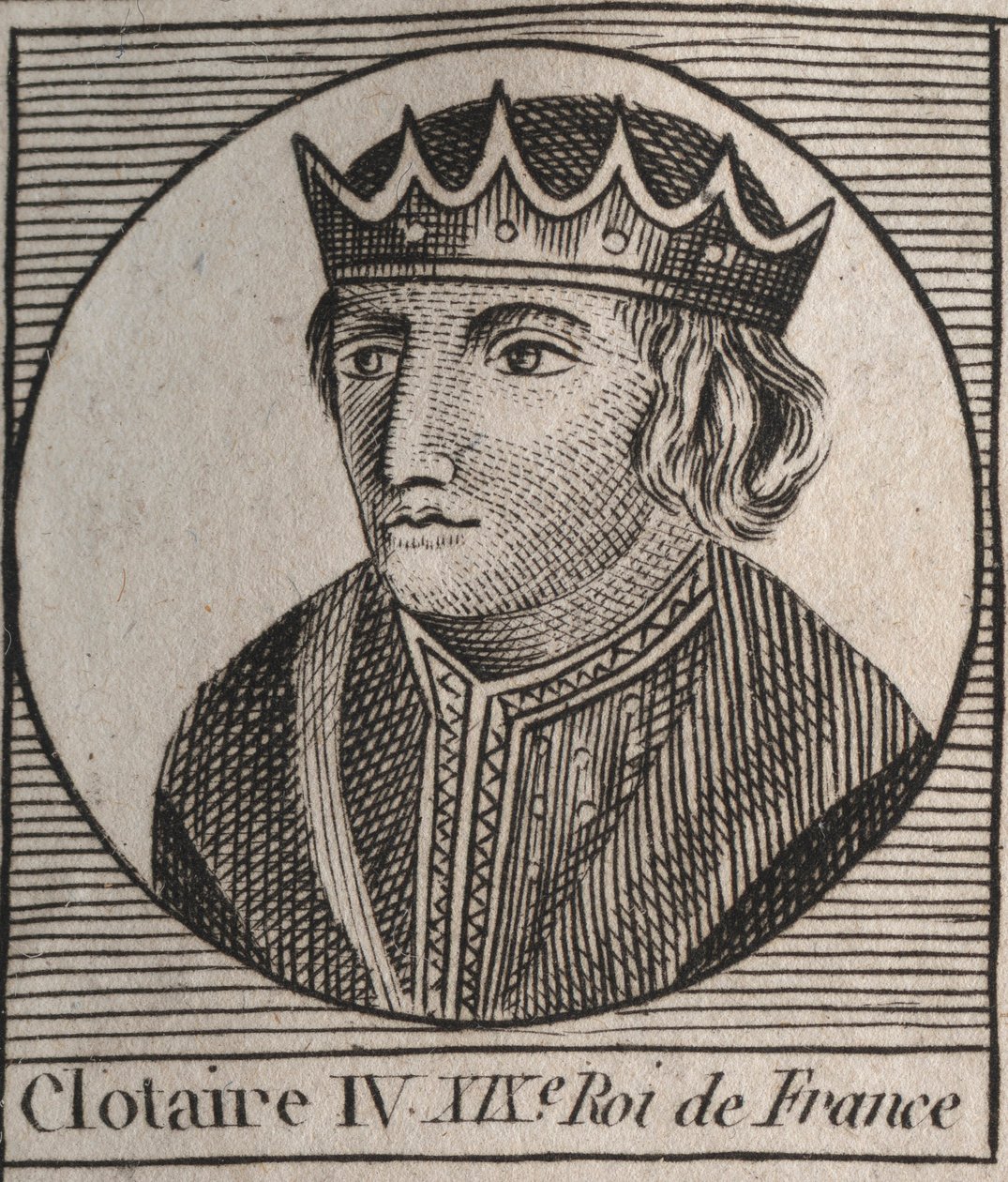 Retrato de Clothaire (Clothaire) IV (ca. 685-719), Rei dos Francos da Austrália de 717 a 719 - Chlothar IV (ou Clotar) rei dos Francos - gravura de "Instruction sur l