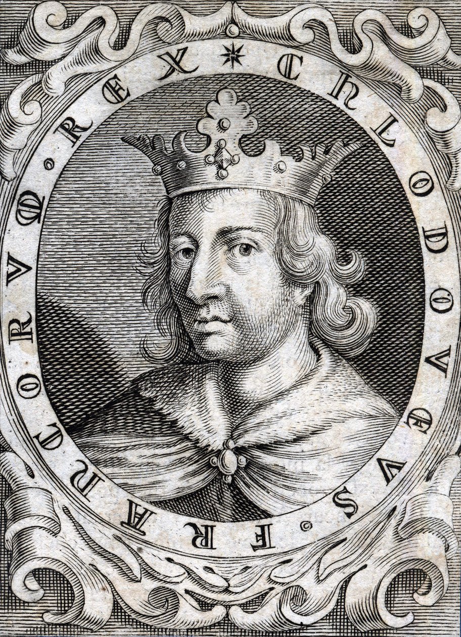 Retrato de Clovis II (? - 657), Gravura do Rei da Neústria, Borgonha e Austrália do século XVIII de Unknown artist