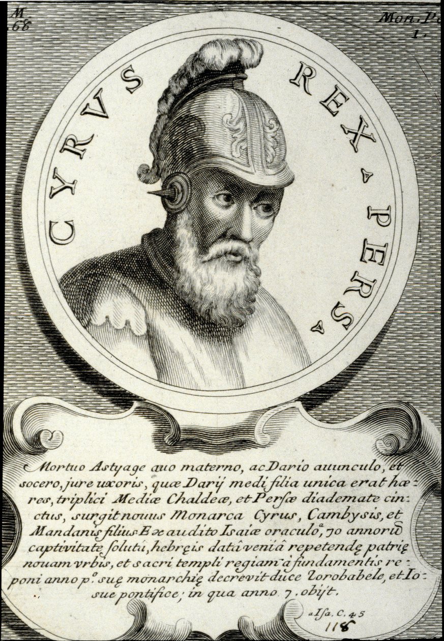 Retrato de Ciro II (ca. 559-529 a.C.) chamado Ciro o Grande, fundador do Império Persa. Gravura da Coleção Privada do século XVIII de Unknown artist