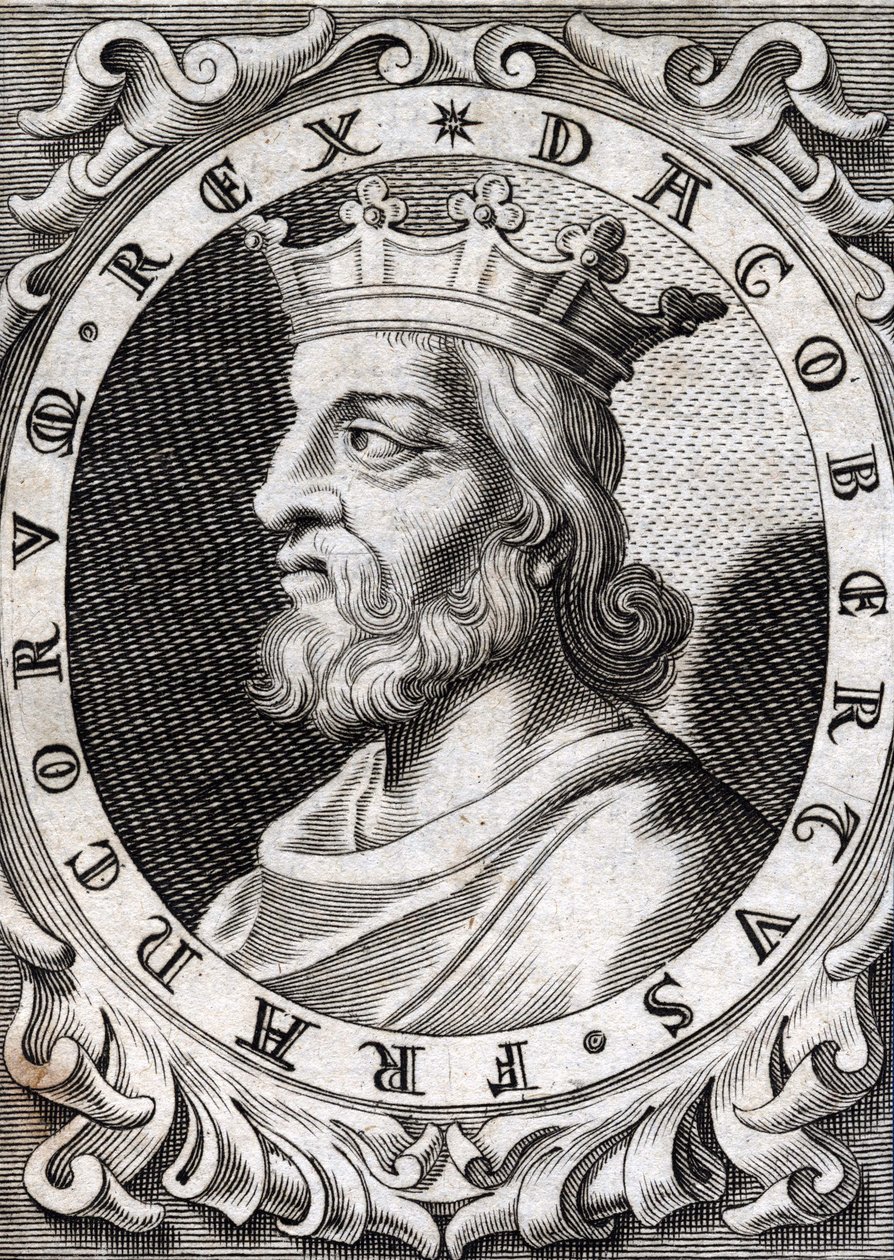 Retrato de Dagobert I ( - 639), rei dos Francos, Dinastia dos Merovingianos. Gravura do século XVIII de Unknown artist