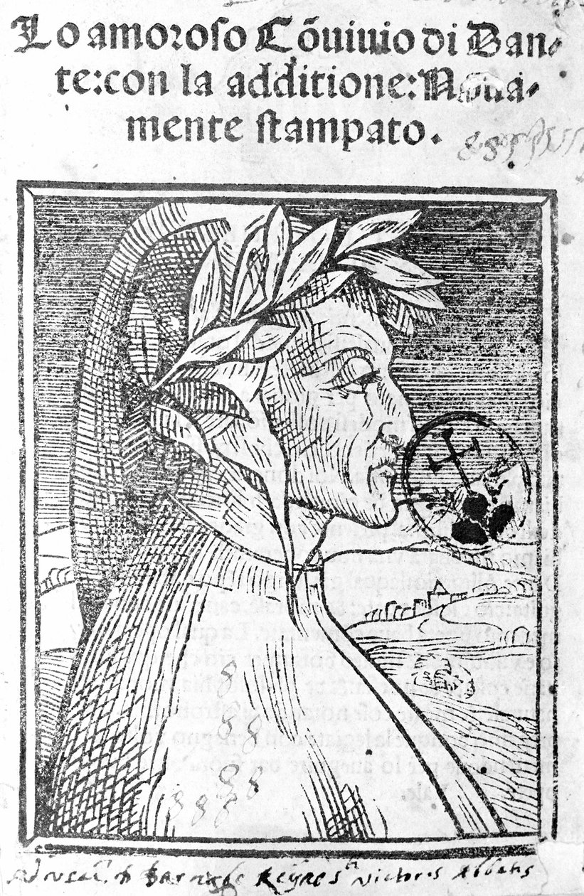 Retrato de Dante Alighieri (1265 - 1321), poeta italiano. Frontispício do "Il Convivio". de Unknown artist