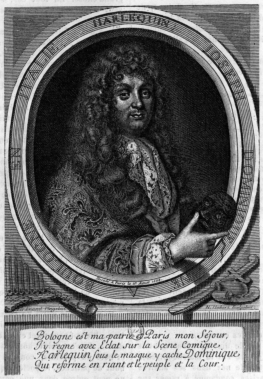 Retrato de Dominique (Domenico Giuseppe) Biancolelli (1640-1688) ator, ele criou o personagem de Arlequim (Arlechino) que interpretou. Fez parte da trupe que Mazarin trouxe para Paris em 1660, para a Comedie-Italiana. de Unknown artist