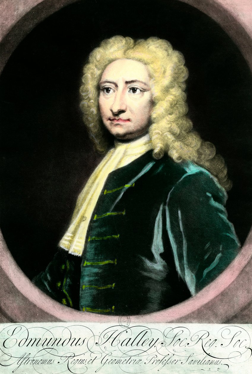 Retrato de Edmond (Edmund) Halley (1656-1742), astrônomo britânico" Gravura da coleção Particuliere do século 18 de Unknown artist