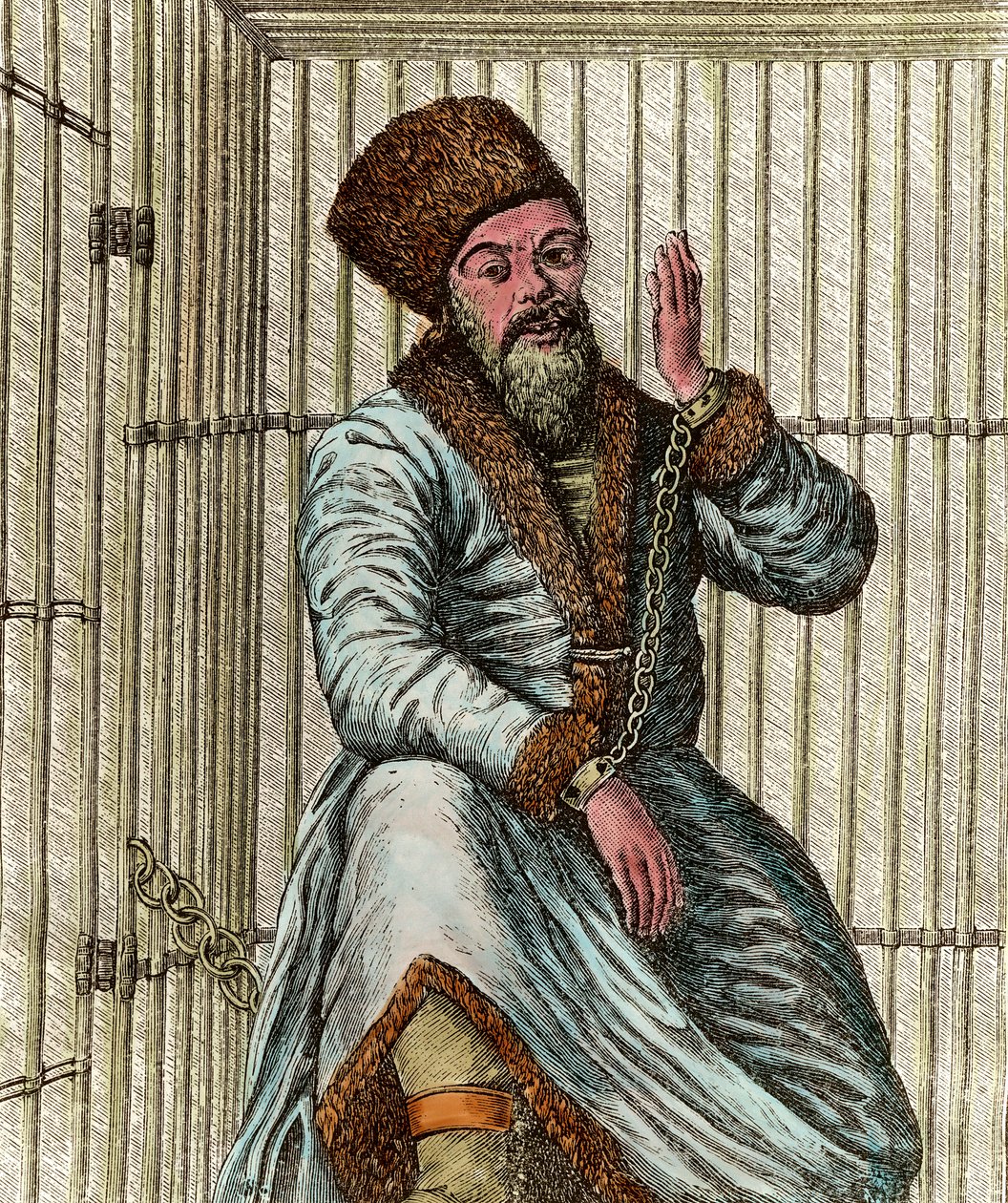 Retrato de Emelian Ivanovich Pugachev (Yemelian ou Emilian Pugachev) (1742-1775), líder cossaco durante a Guerra dos Camponeses Russos de 1773-1775 (Jacquerie dos Cossacos Yaik), preso na sua jaula e mostra o povo de Unknown artist