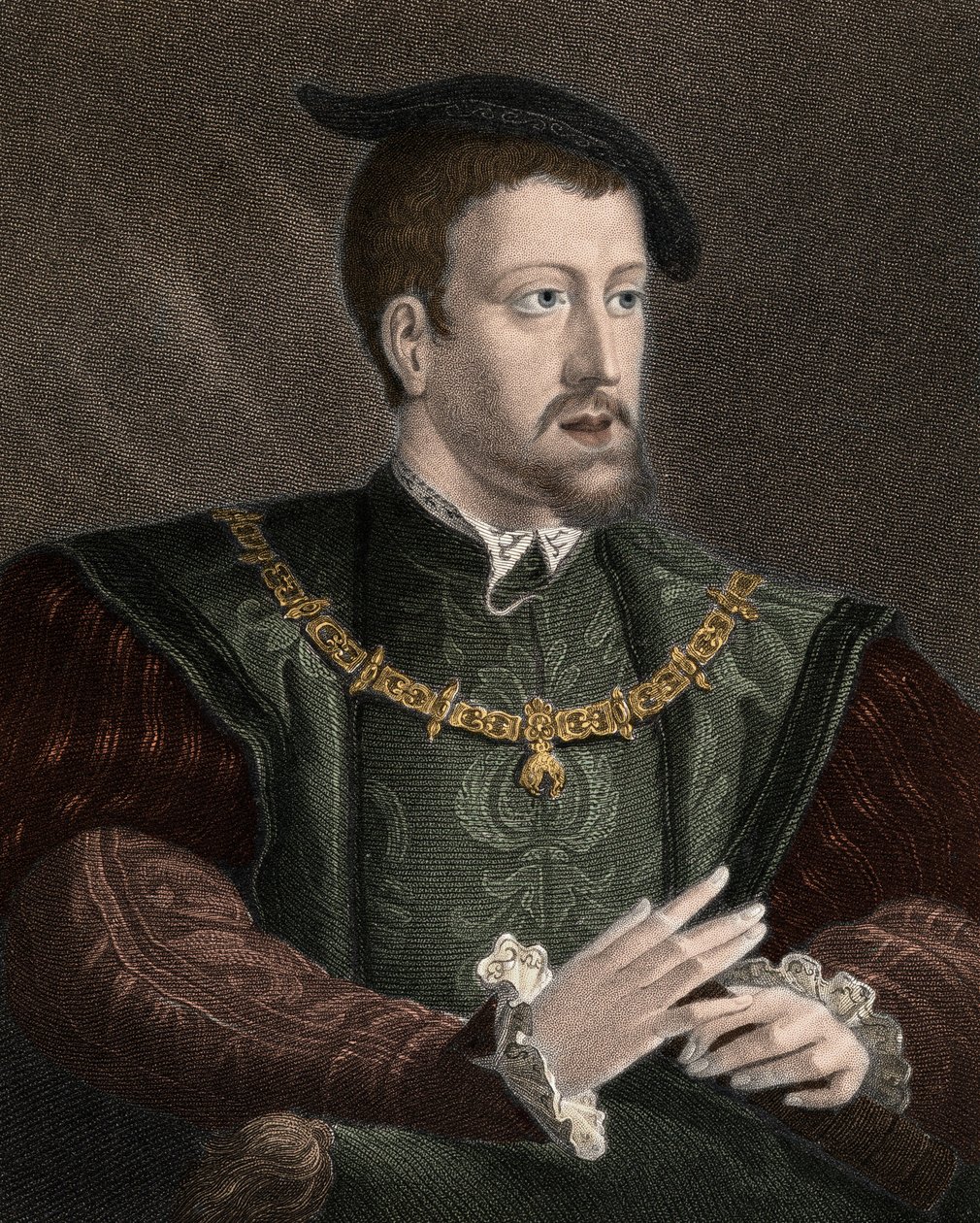 Retrato do Imperador Carlos V (1500-1558) com o colar da Ordem do Velo de Ouro - Carlos V (1500-1558) usando a corrente da Ordem do Velo de Ouro ao pescoço - gravura - século XIX de Unknown artist