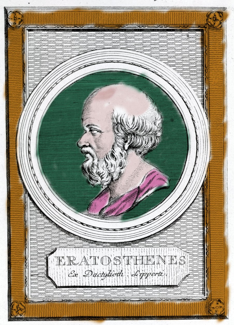 Retrato de Eratosthene de Cirene (ca. 284 AC - 194 AC), cientista, geógrafo e poeta grego. Foi diretor da biblioteca de Alexandria e calculou a medida do meridiano terrestre. Retrato de depois: "Galleria degli antichi greci e romani" de Unknown artist