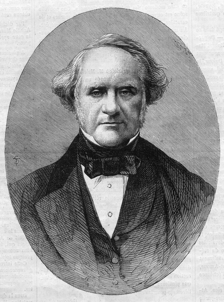 Retrato de George Peabody (1795-1869) empresário e filantropo fundador do Conservatório do Instituto Peabody da Universidade Johns Hopkins em Maryland, Estados Unidos. Gravura no "The Illustrious Universe" (O Universo Ilustre) de Unknown artist