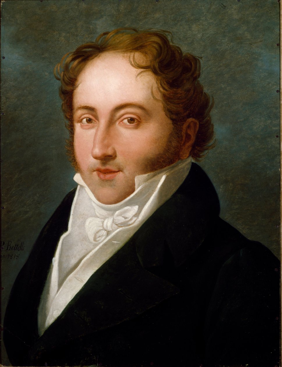 Retrato de Gioachino (Gioacchino) Rossini (1792-1868), compositor italiano Anonymous painting. 1818 Bologna, Civico Museo Bibliografico Musicale - Retrato de Gioacchino Rossini (1792-1868), compositor italiano. Pintura anónima 1818. Museu Bibliográfico de  de Unknown artist