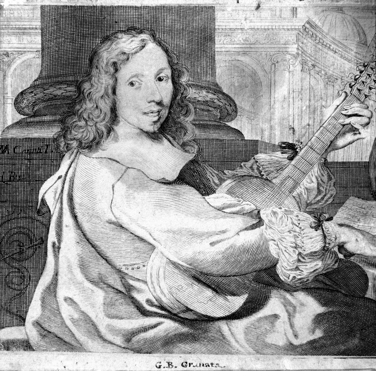 Retrato de Giovanni Battista Granata (1620/21-1687) guitarrista e compositor italiano Engraving. Bolonha, musico civico de Unknown artist