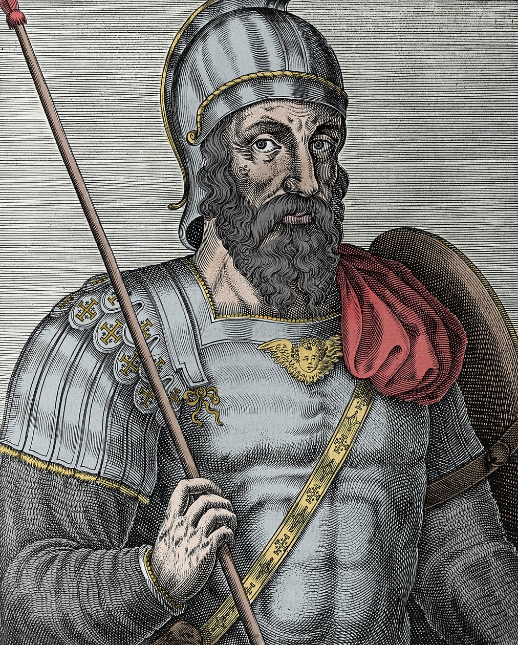 Retrato de Godfrey de Bouillon (Godefroy de Bouillon) (1040/61-1100), cavaleiro franco, um dos líderes da Primeira Cruzada - Gravura do século XVI de Unknown artist