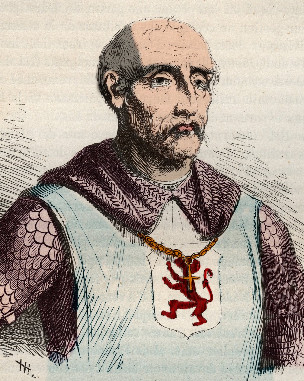 Retrato de Gui ou Guy de Dampierre (1226-1305) Conde de Flanders e Conde de Namur - Gravura de 1868 em "História da Bélgica desde os tempos primitivos até o fim do regimento de Leopoldo I" de Theodore Juste (1818-1888). Coleção privada. de Unknown artist