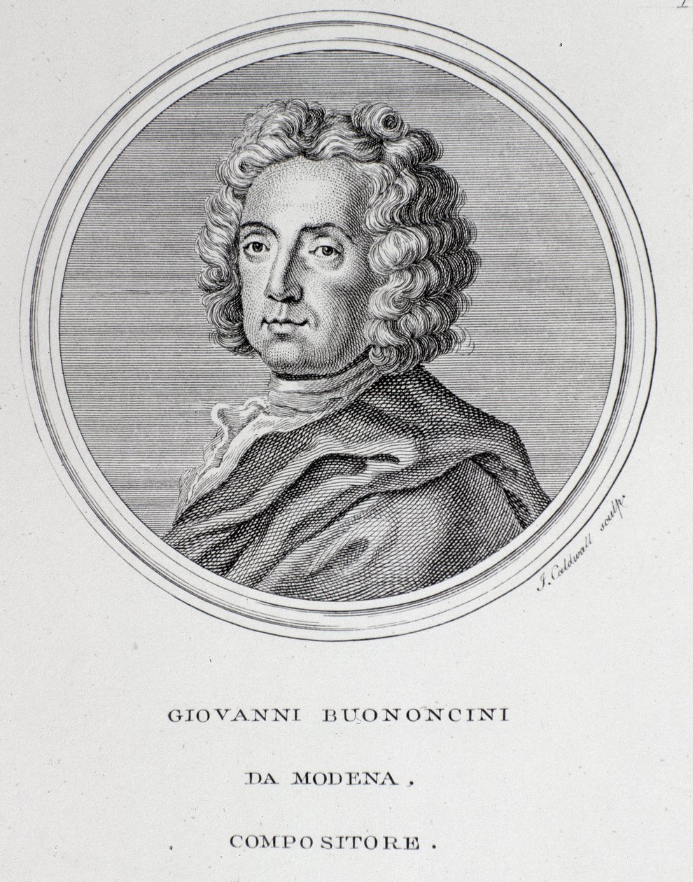 Retrato do compositor e violoncelista barroco italiano Giovanni Battista Bononcini (1670-1747) Gravura. Século XVIII. Bolonha, museo civico bibliografico de Unknown artist