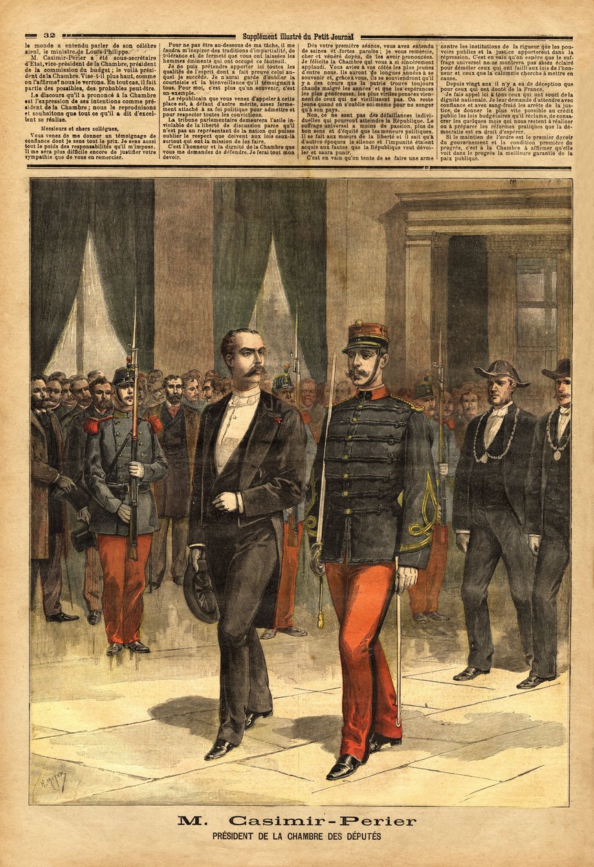 Retrato de Jean Casimir-Perrier (Casimir Perrier, Casimir Perrier, Casimir-Perrier) (1847-1907), novo presidente da Câmara de Deputados. Gravura em "Le petit journal" 28/01/1893. Coleção da Selva. de Unknown artist