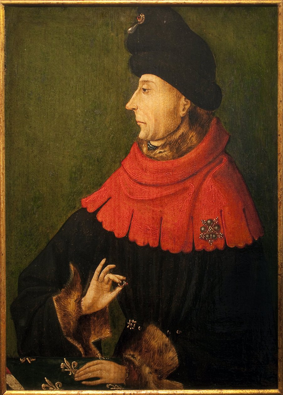 Retrato de Jean Sans peur, Duque de Borgonha (1371-1419). O anel que ele segura na mão é o rubi de Borgonha comprado por Filipe o Hardi em 1397, que foi preservado na abadia de Saint Benigne em Dijon e entregue pela abadia a cada novo duque. de Unknown artist