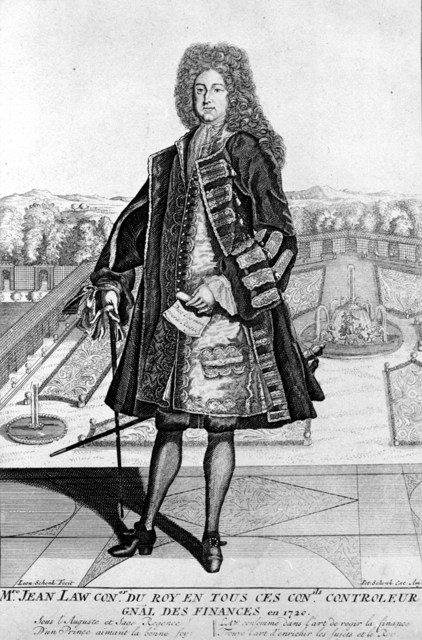 Retrato de John Law (1671 - 1729) a pé, Scottish Financial que causou a falência em 1720 (Evento da Rua Quincampoix) de Unknown artist