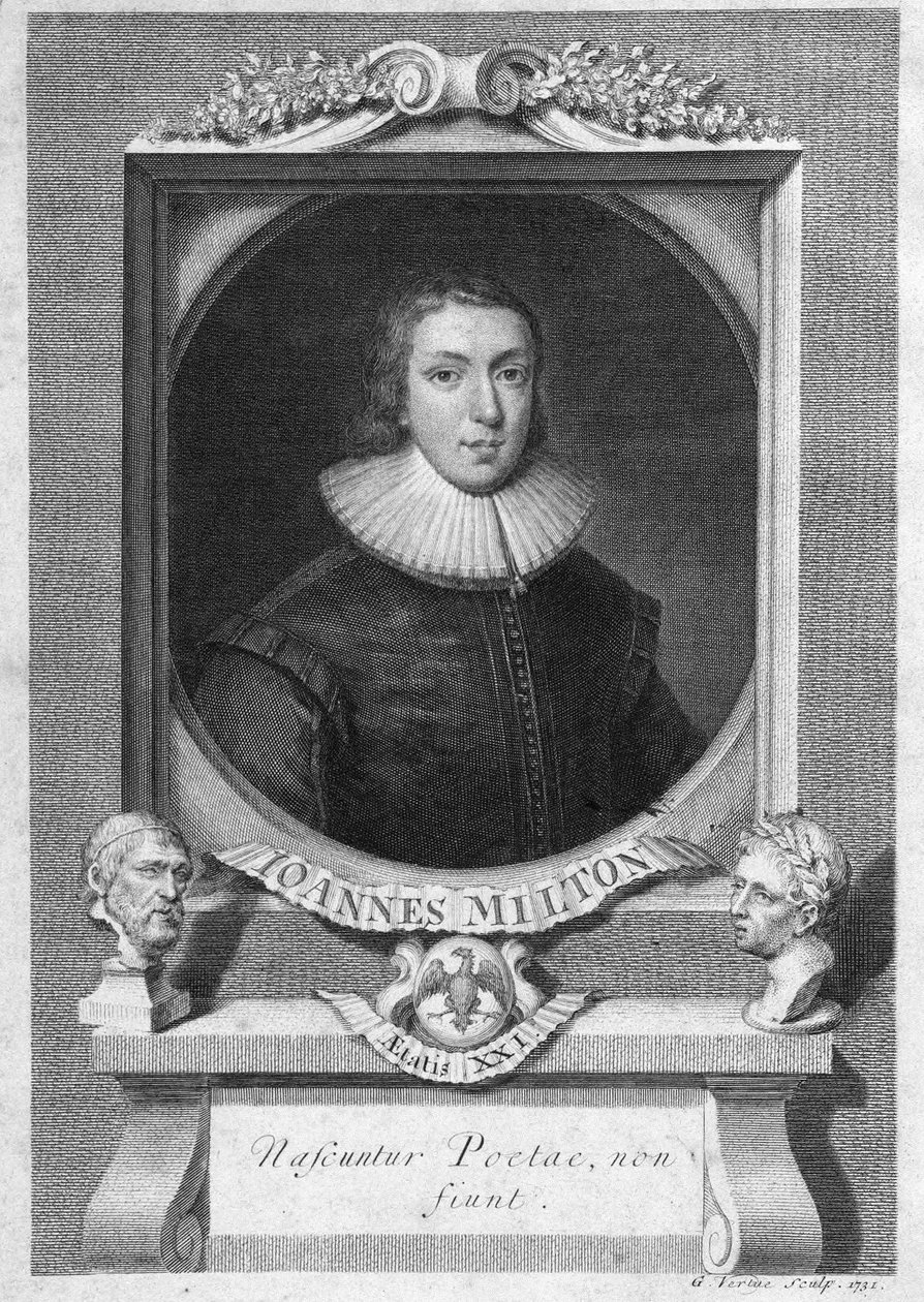 Retrato de John Milton, poeta e ensaísta inglês (1608 - 1674) gravando no século XVIII de Unknown artist