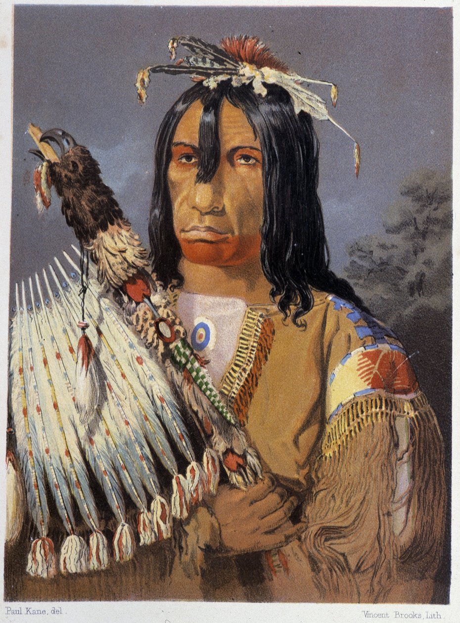 Retrato de Kee-Ake-Saa-Ka-Wow com o calumet - em "Wandering of an artist among the indians of north america" de Paul Kane, Longmans & Roberts, Londres de Unknown artist