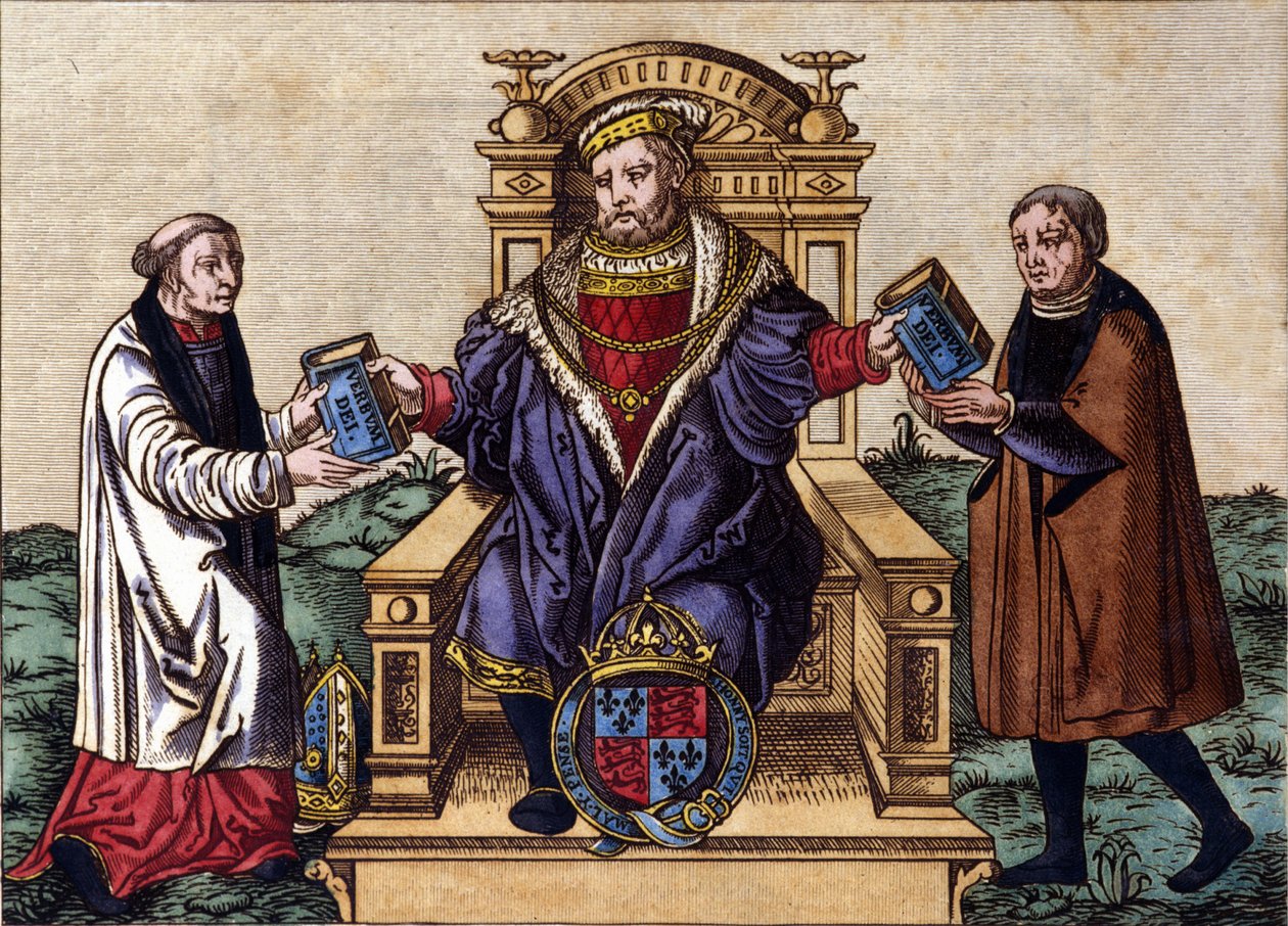 Retrato do Rei Henrique VIII da Inglaterra (1491 - 1547) no seu trono, emitindo a Bíblia a dois cortesãos. Gravura para colorir. de Unknown artist