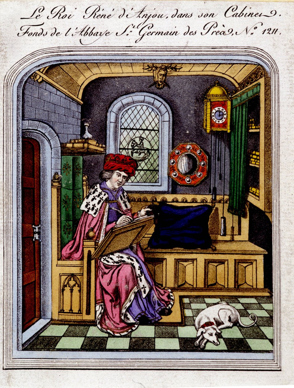 Retrato do Rei René de Anjou (1409-1480)" também chama René I de Nápoles ou René da Sicília, em seu gabinete - gravura após uma miniatura de Unknown artist