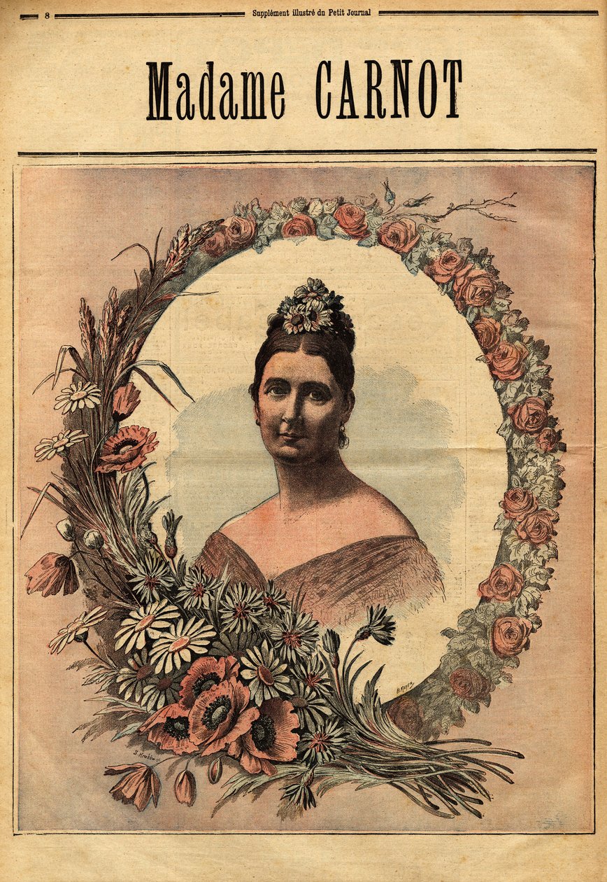 Retrato de Madame Cecile Dupont-White (1841-1898), casada em 1863 Sadi Carnot (1837-1894) presidente da república francesa de 1887 a 1994. Gravura em "Le petit journal illustrious" 29/11/1890. Coleção da Selva. de Unknown artist