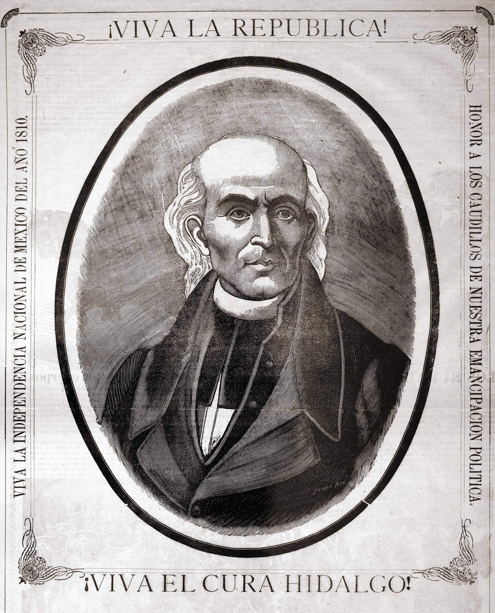 Retrato de Miguel Hidalgo y Costilla (1753 - 1811), sacerdote mexicano (em 1810 proclamou a independência do seu país). Gravura feita em sua honra no final do século XIX. de Unknown artist
